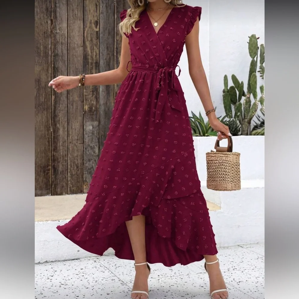 Elegant Burgundy High-Low Midi Dress with Tie Waist